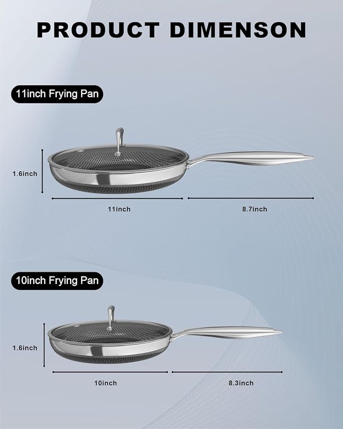 Fogdream 10“11” Stainless Steel Pan, Non Stick Frying Skillet with Lid, Tri-Ply Stainless Steel for All Cooktops, Dishwasher and Oven-Safe Cooking Pan, Stay-Cool Handle, Silver