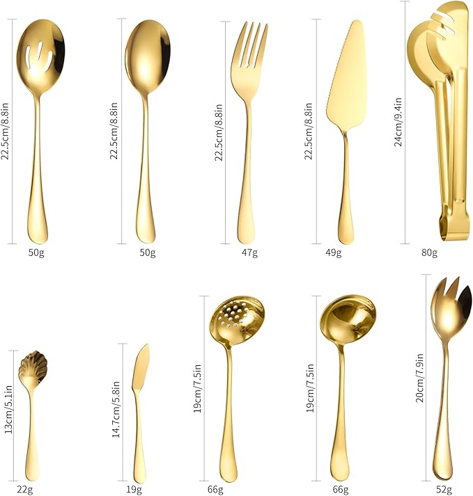 A· HOUSEWARE Gold Kitchen Utensils Serving Set 10 Piece Catering Silverware Stainless Steel Flatware for Buffet Party include Tong Serving Spatula Skimmer Ladles Big Fork Cheese Knife Dessert Spoon