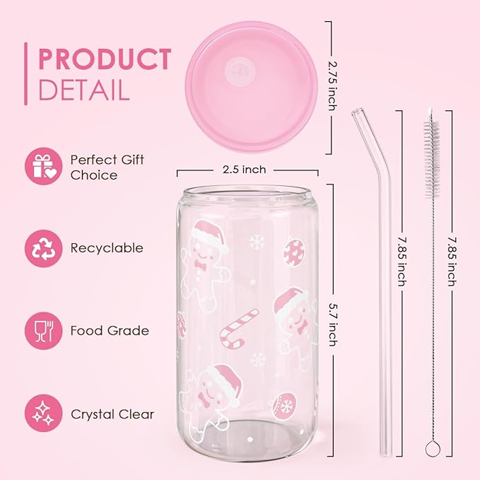 Christmas Gingerbread 16oz Can Glass Tumbler with Acrylic Lid & Straw, Iced Coffee Cup for Women Girls, Aesthetic Cups Gifts for Xmas