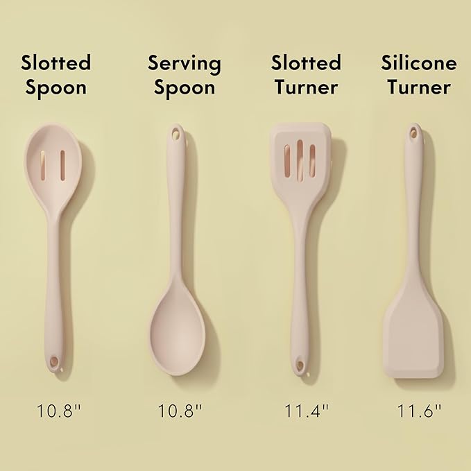 Non-Toxic Platinum Silicone Kitchen Utensil Set of 4 – Non-Scratch Cooking Spoon & Spatula, 100% Plastic Free, Stainless Steel Core, Heat Resistant 500°F, Beige