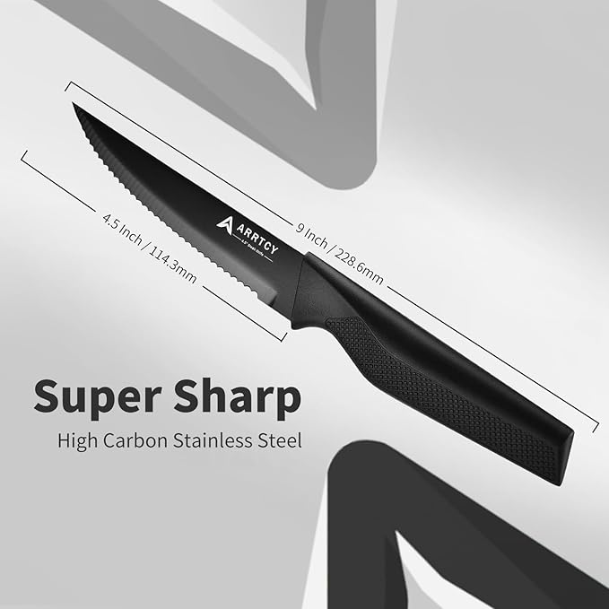 Steak Knives Set of 4 - German Stainless Steel 4.5 Inch Serrated Steak Knives - Ergonomic Anti-Slip Handles - Dishwasher Safe - Elegant Gift for Holidays - Black