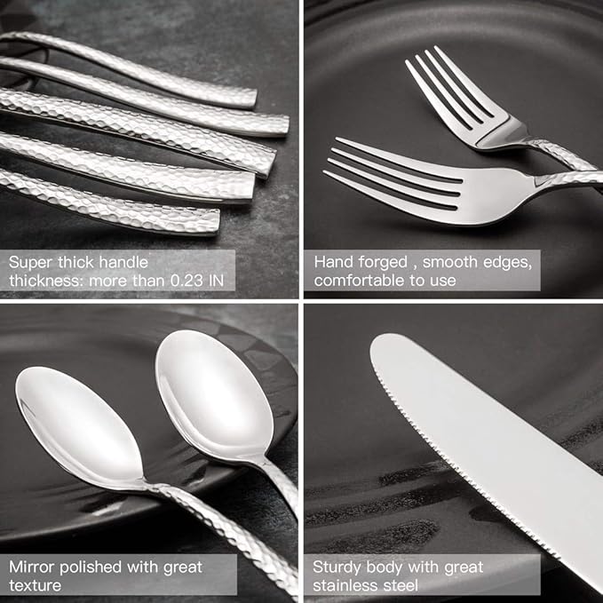Flatware Set Silverware Set Cutlery Set Forged Stainless Steel 20 Piece Hammered Handle Service for 4