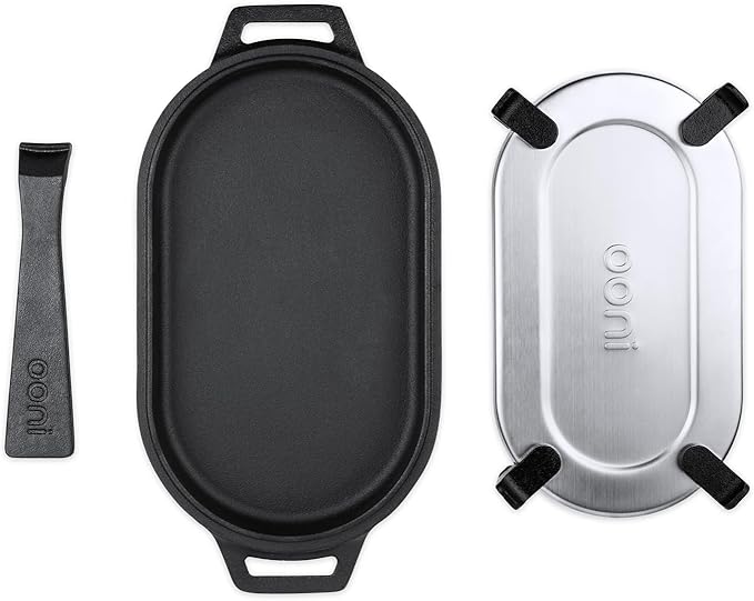ooni Cast Iron Sizzler Pan - Griddle Frying Pan, 12" x 6" Sizzler Plate with Removable Handle and Stainless Steel Trivet, Pre-Seasoned Non-Stick Oven Safe Cookware, Pizza Oven and BBQ Accessories