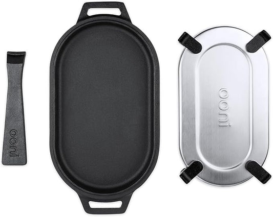 ooni Cast Iron Sizzler Pan - Griddle Frying Pan, 12" x 6" Sizzler Plate with Removable Handle and Stainless Steel Trivet, Pre-Seasoned Non-Stick Oven Safe Cookware, Pizza Oven and BBQ Accessories