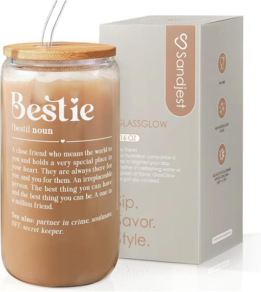 SANDJEST Best Friend Glass Can, Besties Definition Cup with Lid & Straw, Iced Coffee Aesthetic Cups, Gift for Christmas Birthday Mother Day, Gifts for Women Friends Sisters, 16oz