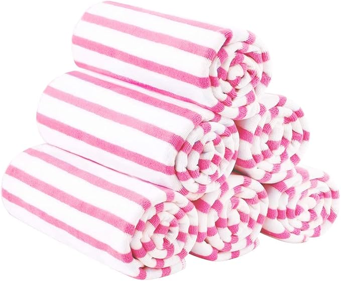 JML Beach Towels, Microfiber Bath Towel (6 Pack, 30" x 60") Cabana Stripe Absorbent and Quick Dry Bath Towel Set for Adults, Travel, Summer Holiday, Sport, Swimming, Pool, Yoga, Camping, Stripe Pink