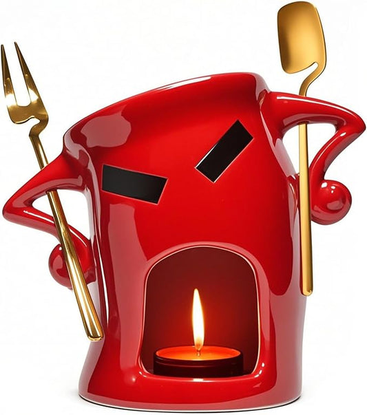 Chocolate Fondue Mug with Attitude - Ceramic Melting Cup with Fork, Candle Warmer - Perfect for Date Night, Dessert, Family Fun (Red)