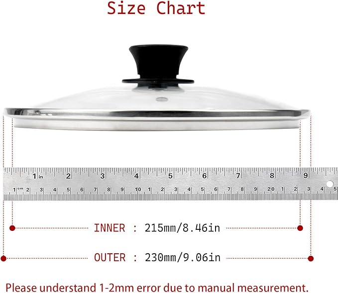 9" Tempered Glass Pan Lid with Steam Vent, Thickened to 4mm and Dishwasher Safe and Oven up to 480℉, Universal Lid Fit for Cast Iron Skillets, Frying Saute Pan, Cooking Pot