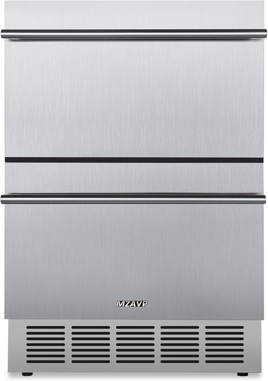 24 Inch Double Drawer Fridge, Stainless Steel Outdoor Beverage Refrigerator for Patio and Kitchen, Freestanding or Built-In, Mobile Grid Organizer, Home and Commercial Use