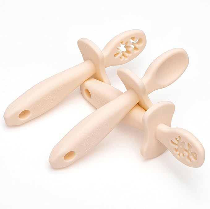 Growing Love Baby Spoons Set, Self Feeding 6 months, Pre-Spoon, Baby utensils, Toddler spoon, training spoon, cuchara bebe, blw, 100% silicone, Anti choke shield (vanilla)