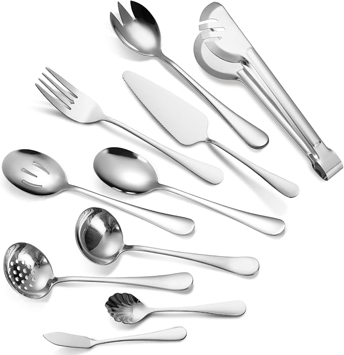 Stainless Steel Serving Utensil Set 10-Piece Buffet Flatware Catering Silverware with Bread Tong,Cake Spatula,Serving Ladles,Salad Fork,Cheese Knife,Large Spoon for Parties Buffet