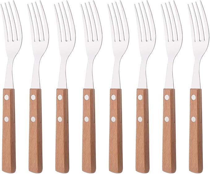 Dinner Forks Set of 8, Uniturcky 304 Stainless Steel Silverware Forks with Wooden Handle, Use for Dessert and Salad, Mirror Polishing, 7.9 Inches
