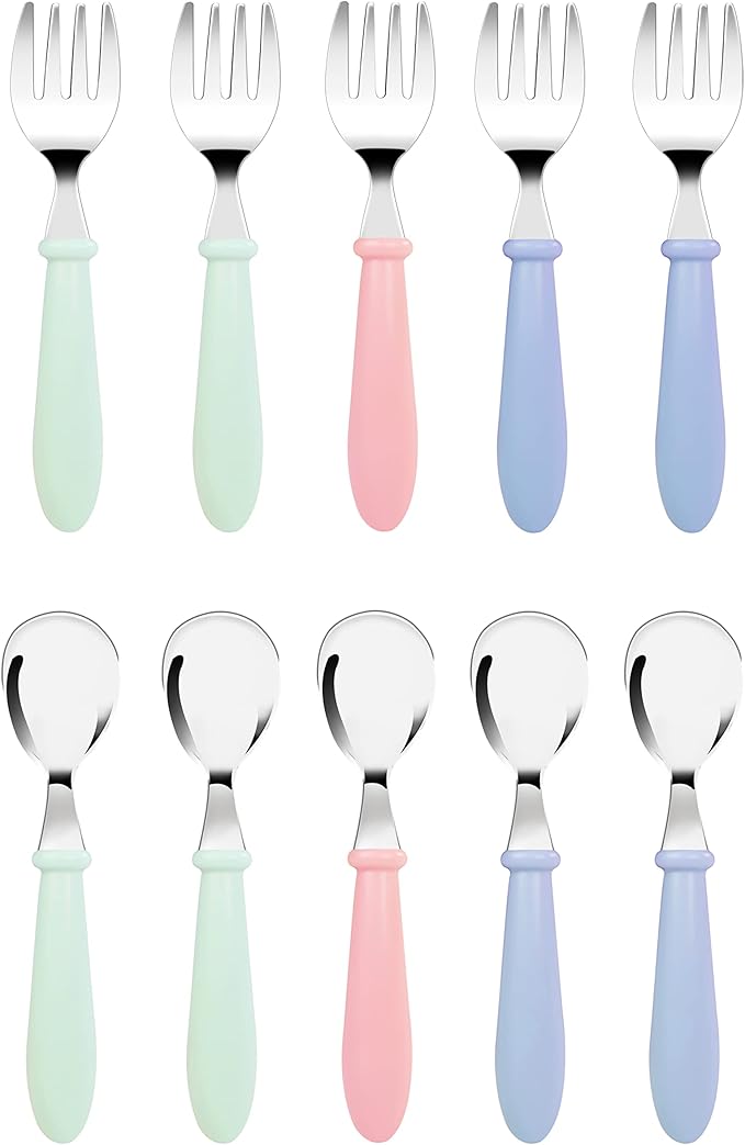 DF DUALFERV 10 pcs Toddler Utensils, Stainless Steel Toddler Silverware Set with Round Handle, Baby Forks for Self Feeding, 5 Forks and 5 Spoons