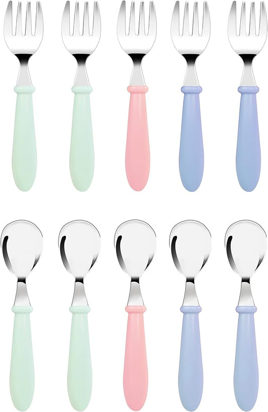 DF DUALFERV 10 pcs Toddler Utensils, Stainless Steel Toddler Silverware Set with Round Handle, Baby Forks for Self Feeding, 5 Forks and 5 Spoons