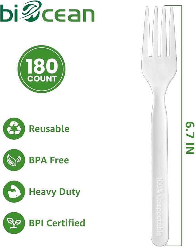 100% Compostable Forks 180 Count Disposable Forks bulk Utensils Set Heavy Duty Fork Silverware Eco Friendly Flatware for Party Camping Picnics Wedding-Ivory White