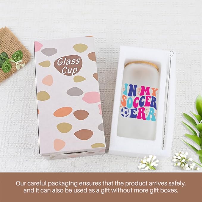 Soccer Gifts for Girls, Iced Coffee Cup, 16 oz Glass Cups with Lids Straws, Soccer Accessories, Birthday Christmas Gifts for Women Mom Coach Players Teams, Party Favors