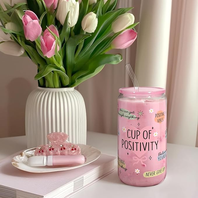 SANDJEST Inspiration Gifts - Glass Tumbler 16oz with Acrylic Lid and Straw - Iced Coffee Cups for Women, Aesthetic Glass Cup Gift for Birthday Christmas