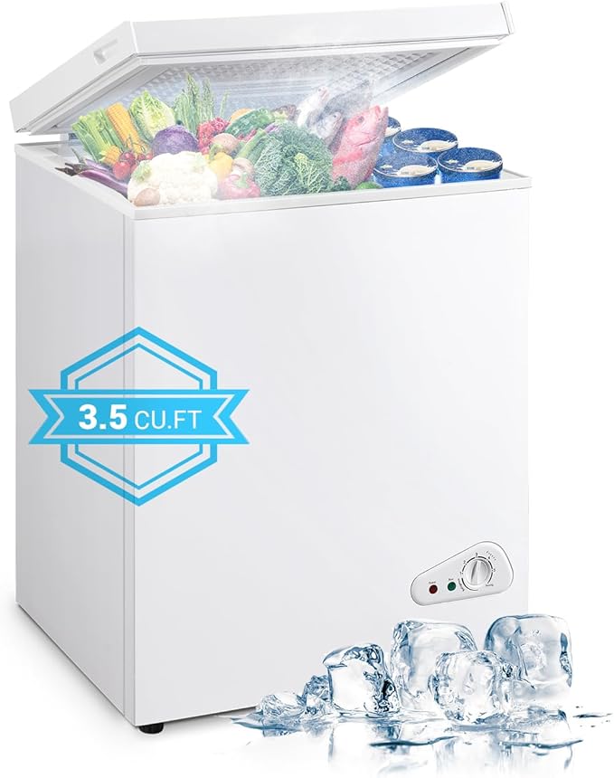 3.5 Cu.Ft Deep Freezer, Chest Freezer with Removable Basket and High Volume, Small Freezer with 6 Levels Adjustable Temperature for Home/Kitchen/Office/Garage/Bar (White)