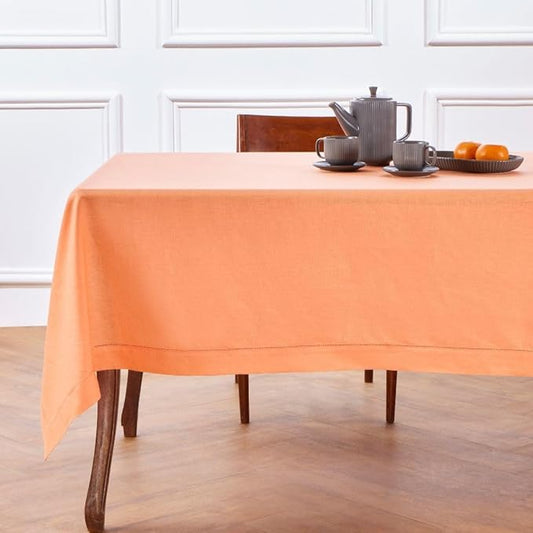 Solino Home Linen Tablecloth 60 x 132 Inch - Classic Hemstitch 100% Pure Linen Coral Table Cloth for Rectangle Tables - Machine Washable Tablecloth