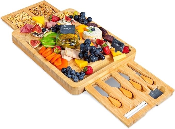 RoyalHouse Unique Bamboo Cheese Board and Knife Set with 2 Slide-Out Cutlery Drawers - Charcuterie Boards Set & Cheese Platter - Ideal Anniversary, Wedding and Housewarming Gift