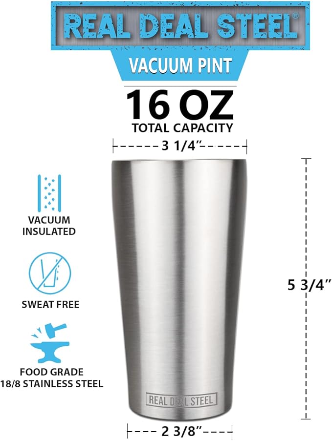 Stainless Steel Vacuum Insulated Pint Glasses - Set of 4 Pint Cups for Outdoors 16oz with Lids