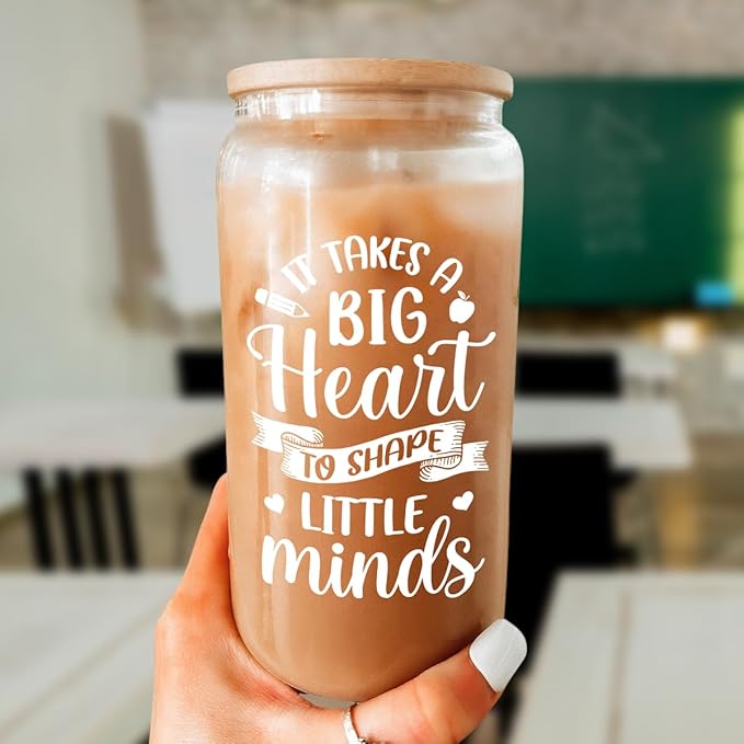 SANDJEST Teacher Gifts for Women - 16 Oz Can Glass Coffee Cup with Straws - Teacher Appreciation Gift for Women on Birthday Back To School