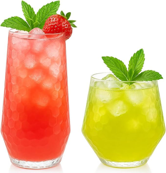 48 Pack Ribbed Origami Ripple Plastic Glasses 24 9oz Stemless Champagne Flutes & 24 12oz Cups BPA-Free, Disposable, Shatterproof Drinkware for Weddings, Bars, Events (Hammered Diamond Clear)