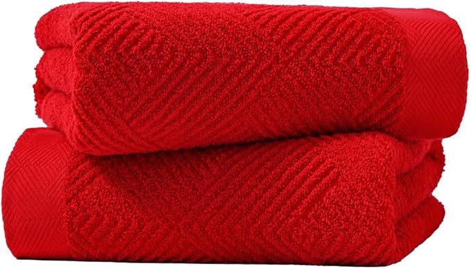 sense gnosis Red Bath Towel Set of 2 Premium 100% Cotton Herringbone Striped Weave Ultra Soft Highly Absorbent Bath Towel for Bathroom 27 X 55 Inch