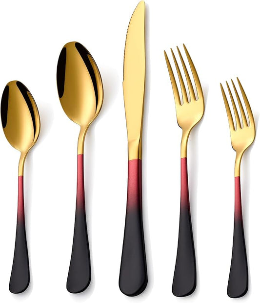 20 Piece Black Red and Gold 18/0 Flatware Utensil Set for 4, Include Dinner Knife,Dinner Forks,Dinner Spoons,Salad Forks,Teaspoons,Silverware Set for 4, Dishwasher Safe