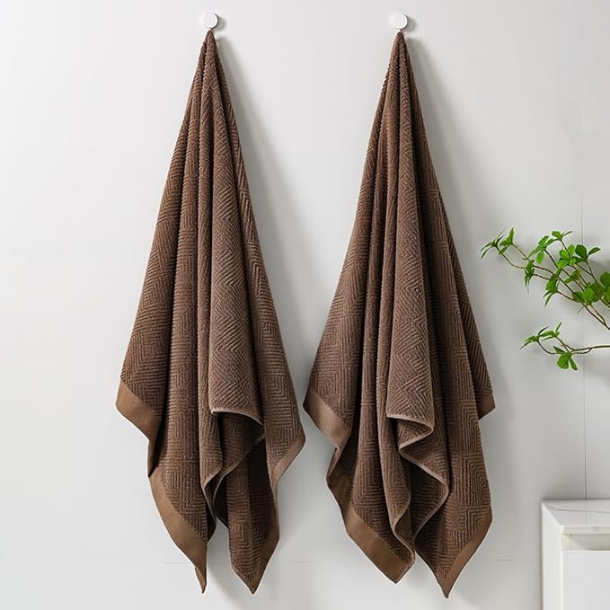 sense gnosis Chocolate Bath Towel Set of 2 Premium 100% Cotton Herringbone Striped Weave Ultra Soft Highly Absorbent Bath Towel for Bathroom 27 X 55 Inch