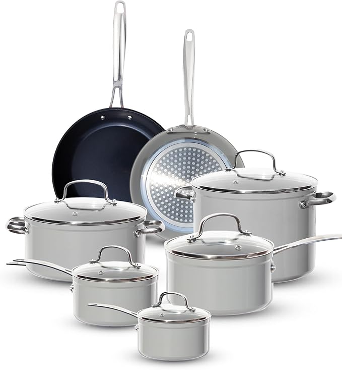 Nuwave Healthy G11-Pots and Pans Set Non Stick, 9H Near-Diamond Hardness Scratch-Resistant, Works on All Stovetops, PFAS Free, with Frying Pans, Saucepans & Glass Lids, Stay-Cool Handles, Cool Gray