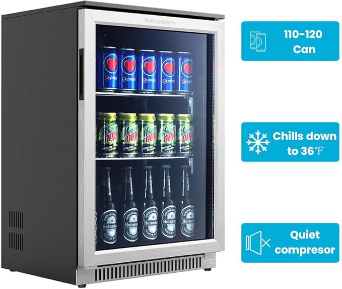 20IN Beverage Refrigerator with Glass Door-120 Can Built in Under Counter Fridge & Freestanding,Ideal for Soda,Beer Drink Cooler