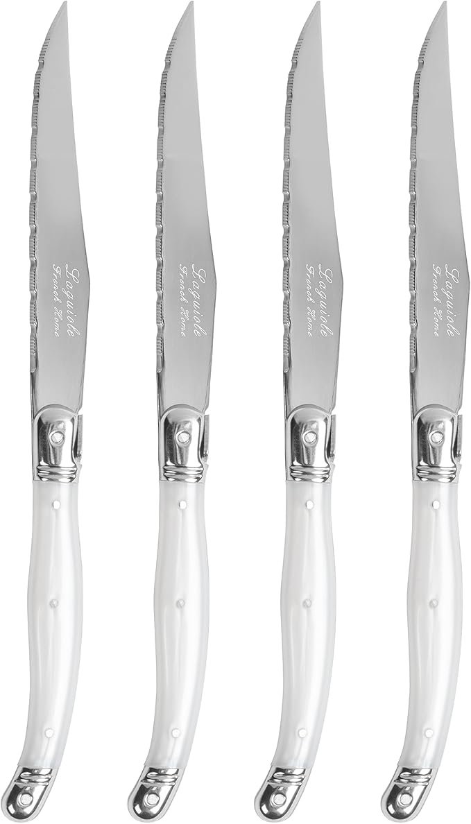 French Home Laguiole 4-Piece Steak Knife Set – Sophisticated Stainless Steel Dinner Knives with Pearlized White Handles & Iconic Bee Emblem – Serrated Knives for Smooth Cutting (9.25")