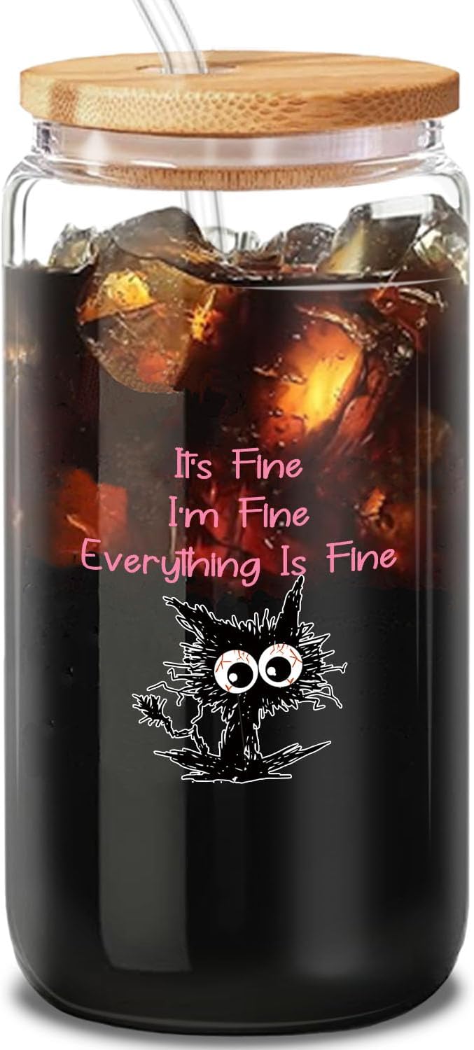 Pink Glass Tumbler Set with Straw, Cleaning Brush in Gift Box - Ideal Aesthetic Coffee Bar, Funny Cat Glass Cup Gifts-It's Fine I'm Fine - Present for Women Friends-16 Oz