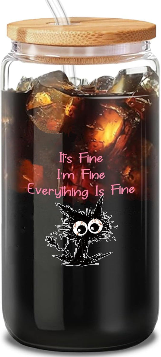 Pink Glass Tumbler Set with Straw, Cleaning Brush in Gift Box - Ideal Aesthetic Coffee Bar, Funny Cat Glass Cup Gifts-It's Fine I'm Fine - Present for Women Friends-16 Oz