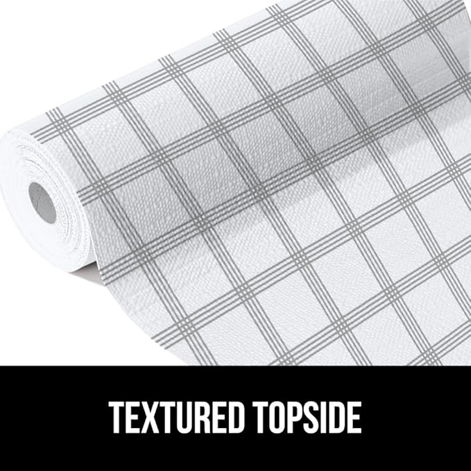 GORILLA GRIP DripGuard Shelf Liner, Non Adhesive Drawer and Kitchen Cabinet Protector, Slip Resistant BPA Free Smooth Surface Plastic Liners for Cabinets, Bathrooms, Closets, 17.5x120 Inch Gray Stripe