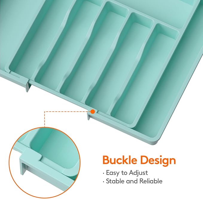 Lifewit Silverware Drawer Organizer, Expandable Utensil Tray for Kitchen, BPA Free Flatware and Cutlery Holder, Adjustable Plastic Storage for Spoons Forks Knives, Large, Turquoise