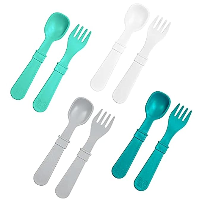Re-Play Toddler Forks and Spoons Set - 4x4 Utensils Set for Kids - Dishwasher and Microwave Safe - Made in USA - Pack of 8-5.8" x 1.2" x 0.2" - Modern Mint