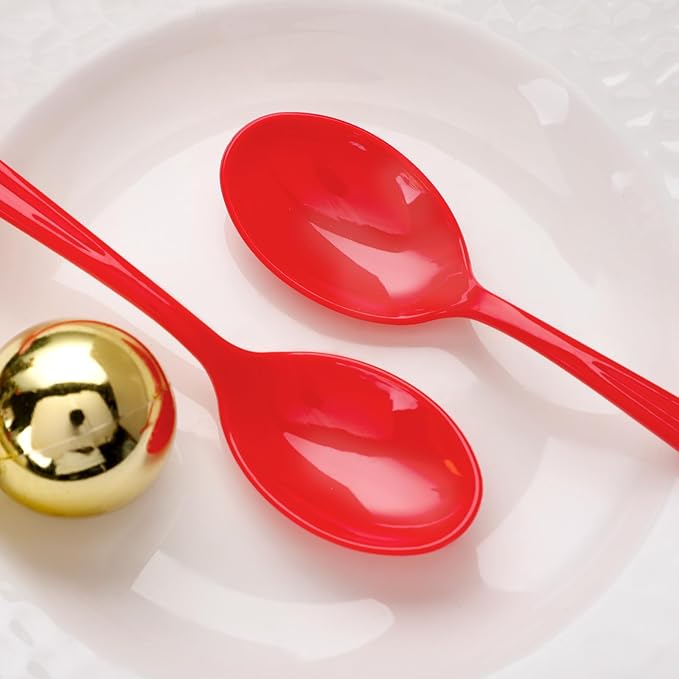 WDF 100 Pack Christmas Plastic Spoons - 6.9 Inch Heavy Duty Red Disposable Plastic Spoons, Modern Red Disposable Spoons Perfect for Christmas