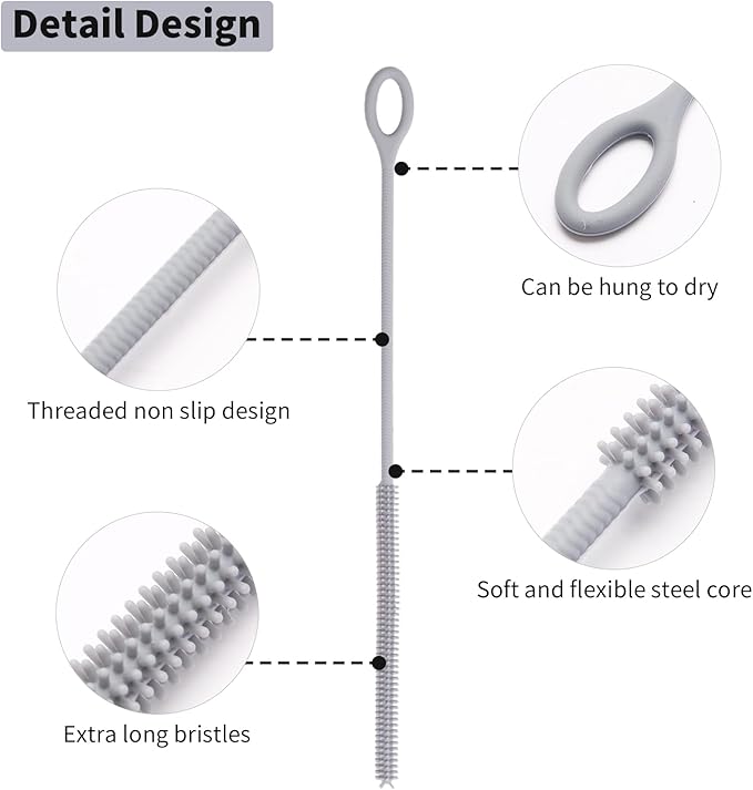 Silicone Straw Cleaner Brush, 2Pcs Reusable Straw Brush Extra Long for Cleaning Tumbler with Handle and Glass Metal Smoothie Straws, Non-slip Handle Soft and Bendable, 6mm+9mm (Gray)