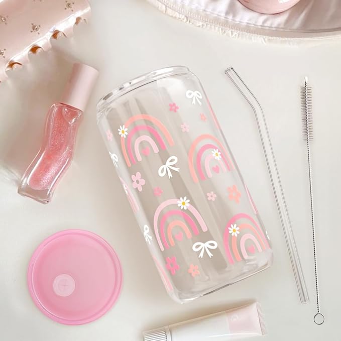 Rainbow 16oz Can Glass Tumbler with Acrylic Lid & Straw, Iced Coffee Cup for Women Girls, Aesthetic Cups Gifts for Birthday Christmas