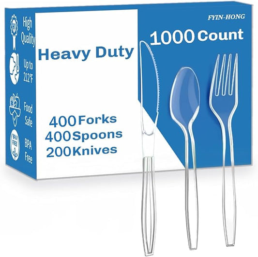1000 Count Heavy Duty Plastic Silverware, Disposable Clear Plastic Utensils Set, 400 Forks, 400 Spoons, 200 Knives, BPA-Free, Heat Resistant; Cutlery Set for Party