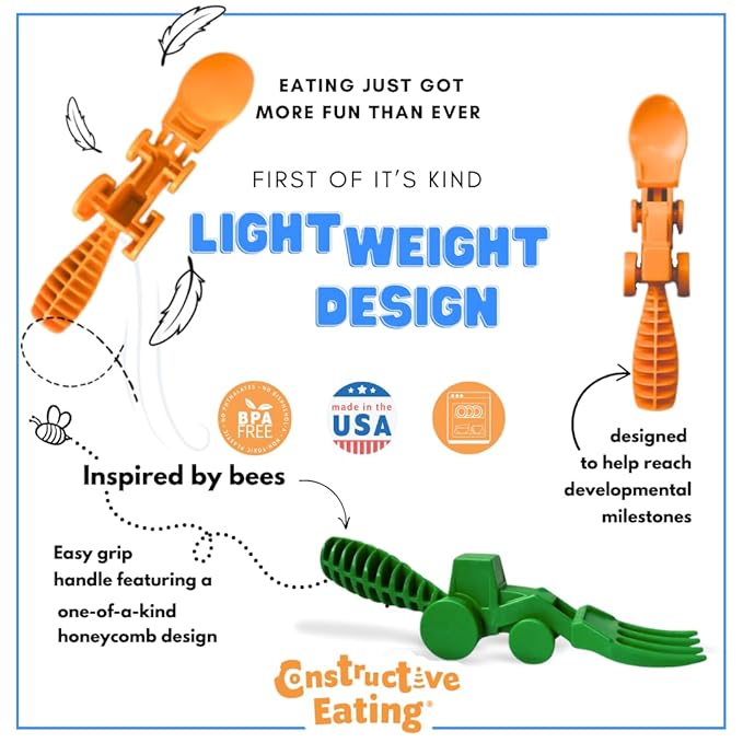 Constructive Eating - Toddler Utensils Made in USA, Dishwasher Safe, BPA Free, Easy Grip Handle, Silverware for Toddlers, Utensils for Kids, Toddler Fork and Spoon