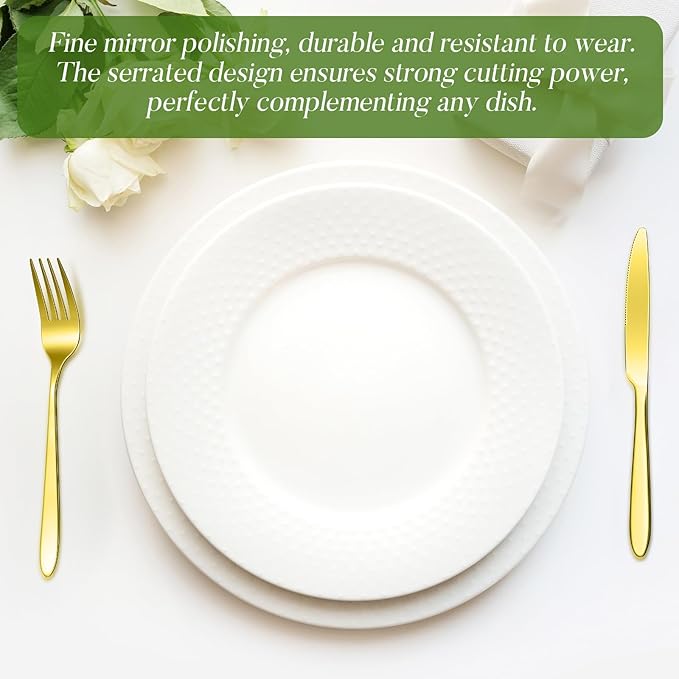 Nuenen 100 Pieces Stainless Steel forks and knives Dinner Flatware Set Tableware Cutlery for Butter Kitchen Restaurant, Dishwasher Safe (Gold,9.06 Inches, 8.07 Inches)