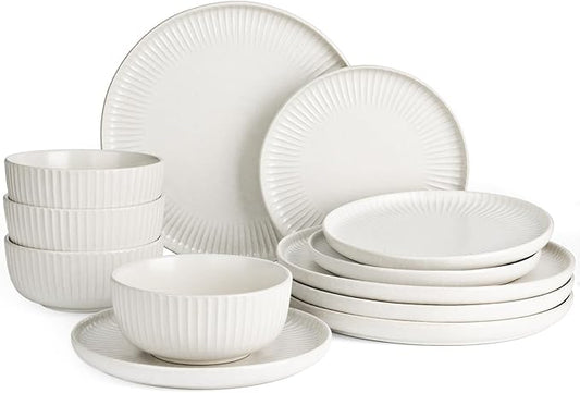 Famiware Starlight Plates and Bowls Dishes Set of 4 (12 Pieces), Ribbed Textured Stoneware Dinnerware Sets- Dishwasher & Microwave Safe, Chip Resistant, Matte Reactive White
