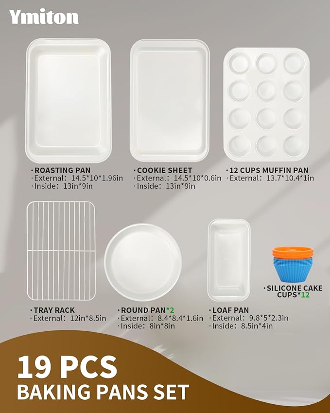 Nonstick Baking Pans Set, 19 PCS Stackable Bakeware Sets, Oven Pan Set Includes Baking Tray, Cookie Sheet, Cake Pans, Loaf Pan, Muffin Pan, Silicone Cups