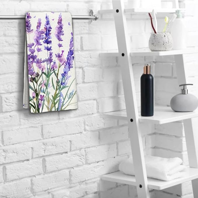 Lavender Hand Towels Set of 2 Lightweight Breathable Purple Floral Bath Towels Highly Absorbent Butterfly Lavender Towels for Bathroom Gym Hotel Decorative Kitchen Towels 28.7x13.7 Inch
