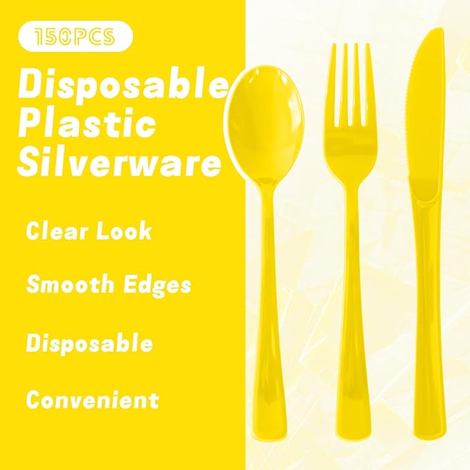 150 Pack Disposable Plastic Silverware, Heavy Duty Yellow Plastic Cutlery Set Includes 50 Forks 50 Knives 50 Spoons for Birthday Wedding Party Picnics (150, Yellow)
