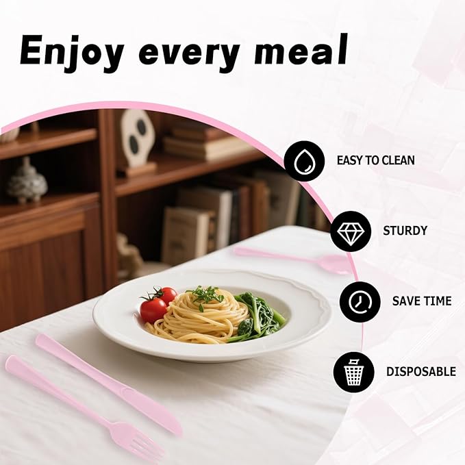 150 Pack Disposable Plastic Silverware, Heavy Duty Pink Plastic Cutlery Set Includes 50 Forks 50 Knives 50 Spoons for Birthday Wedding Party Picnics (150, Pink)