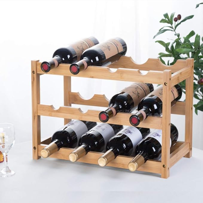 Wine Rack, Natural Bamboo Storage Rack Freestanding Countertop Stackable Display Shelf Wine Bottle Holder (3-Tiers 12-Bottles)